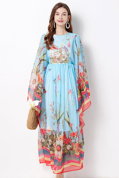 Romantic Flower Flowy Runway O-Neck, Flare Sleeve, Floral Print Bohemian Chiffon Maxi Dress